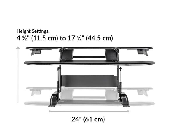 VariDesk Cube Corner 36 height 4 and a half inches or 11 and a half centimeters to 17 and a half inches or 44 and a half centimeters. Base width 24 inches or 61 centimeters