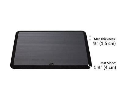 Standing mat 36 by 24 is 5 eighths inches thick and sloped edge is 1 and a half inches long