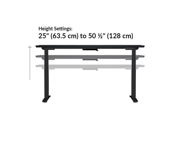 The height settings of the Electric Standing Desk 60x30 Black range from 25.5 inches to 50.5 inches tall