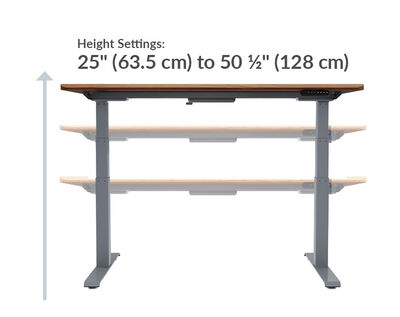 A side view of the black electric standing desk displaying a desk thickness of 1.25 inches (3 cm) and a base width of 24 inches (61 cm).