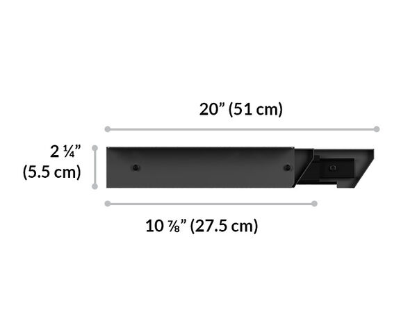 side view of vari desk drawer is 2 and a quarter inches tall and total wide of 11 and a quarter inches