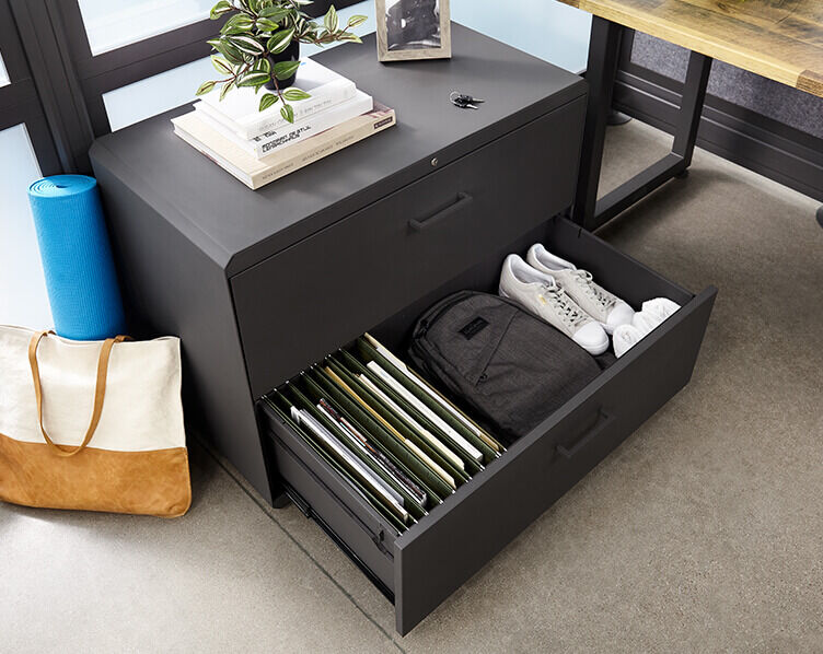 vari lateral file cabinet with open drawer