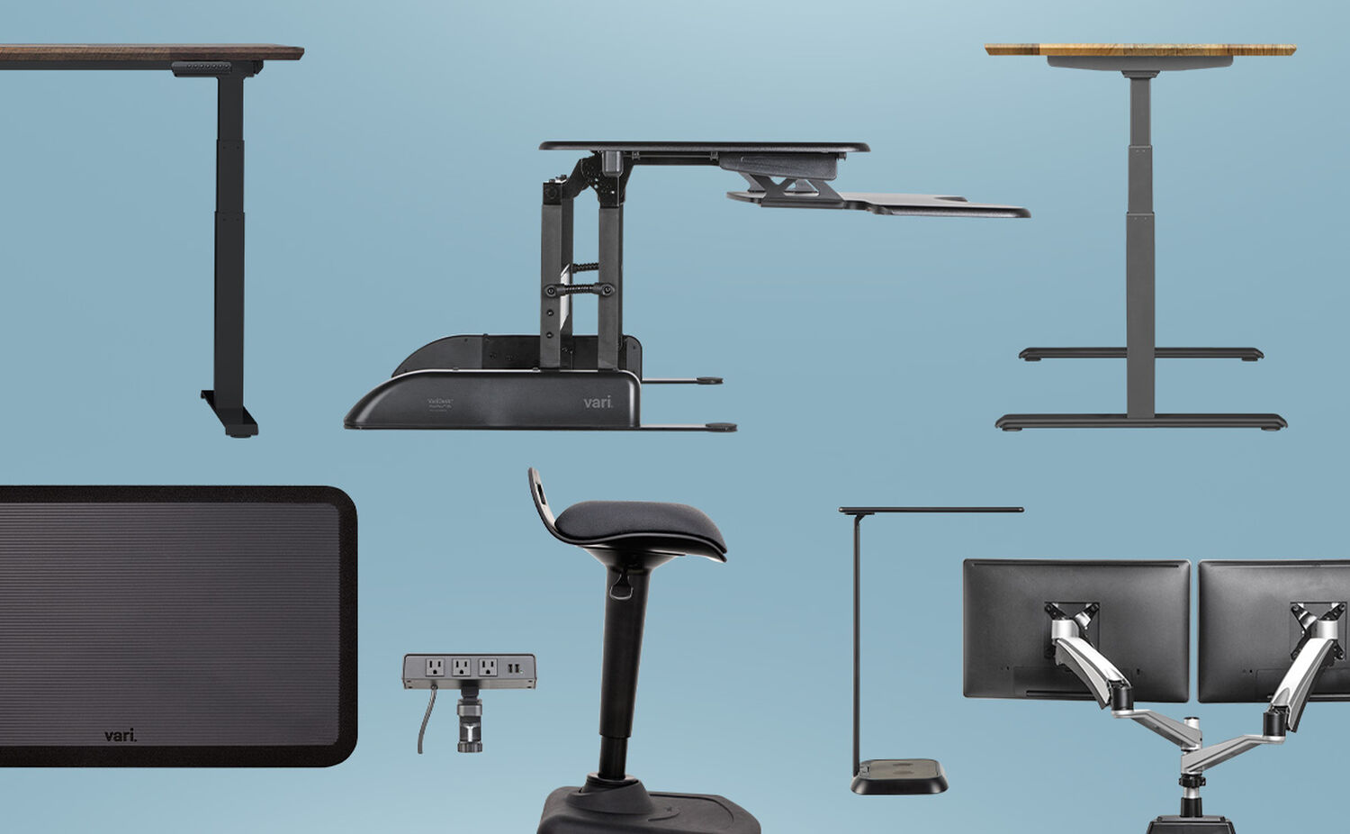 various vari desks and accessories shown on a blue background