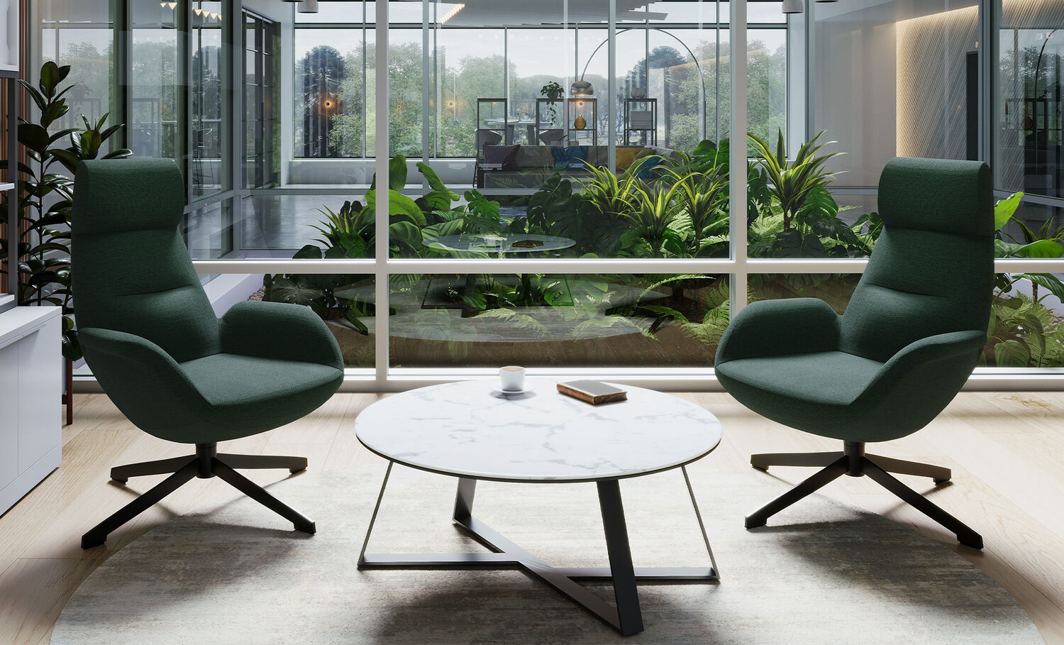 2 lounge chairs and round table in lounge setting