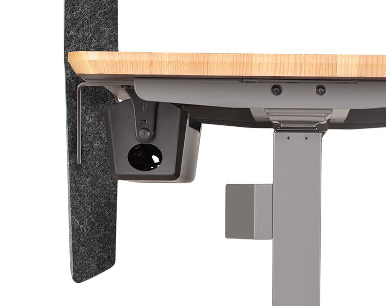 Closeup of felt panel attached to desk with mounting hardware