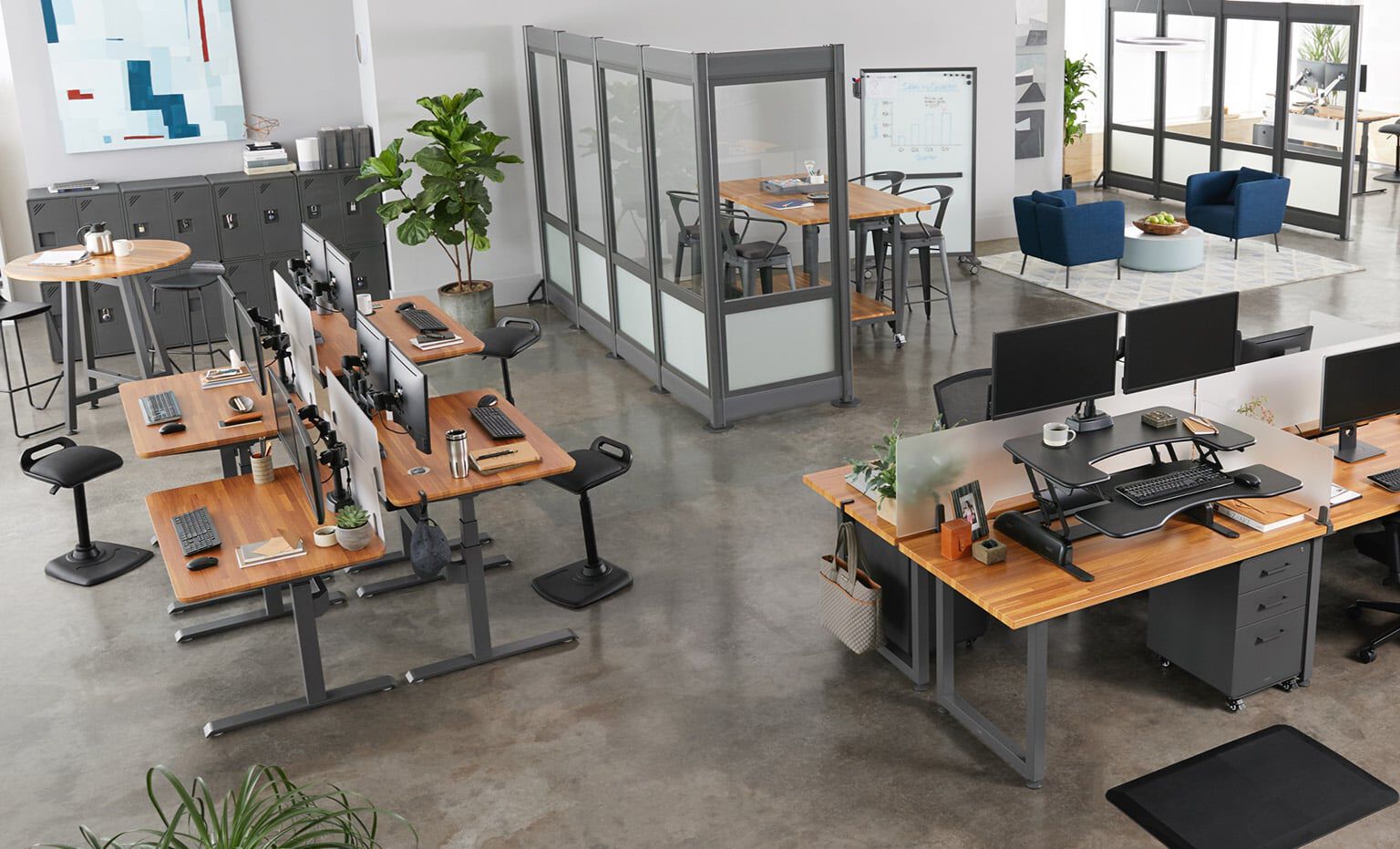 a full office as seen from above, with Vari products creating benched desk groupings, private offices, conference rooms, etc. with a range of product types