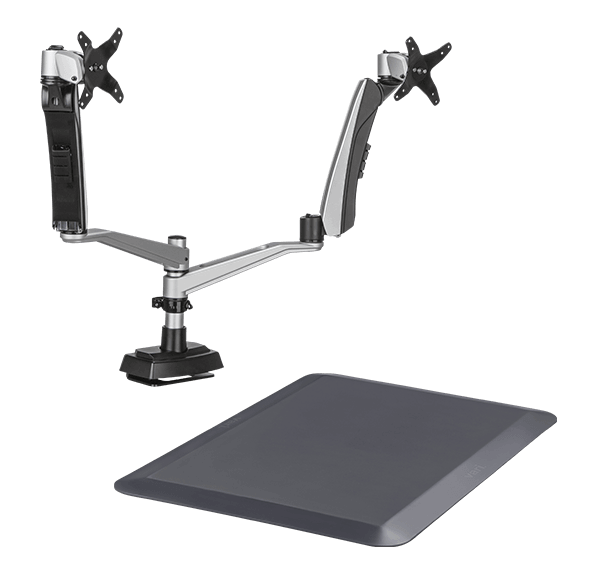 dual monitor arms and an anti-fatigue mat for standing desks and desktop converters