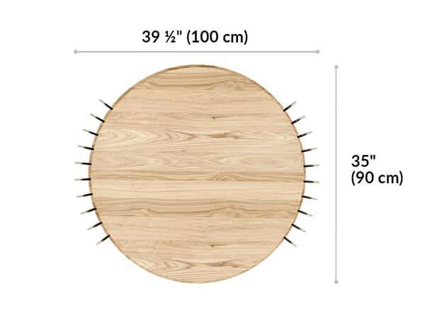 round coffee table is 39 and a half inches wide and 35 inches long