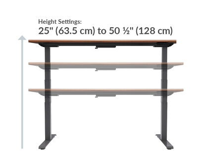 Electric Standing Desk 72x30 Light Wood height settings range from 25 inches to 50.5 inches tall
