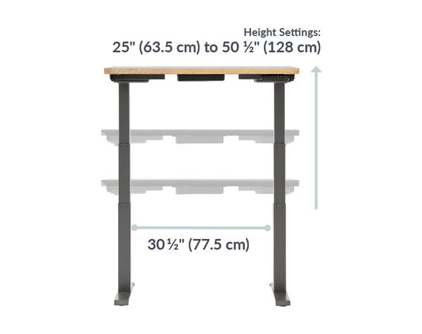 Front view of reclaimed wood electric standing desk showing adjustable height settings from 25 inches (63.5 cm) to 50.5 inches (128 cm) and a base width of 30.5 inches (77.5 cm).