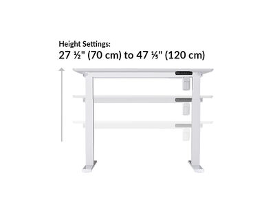 Essential Electric Standing Desk split top in white is 48x24 height ranges from 27 and a half to 47 and a half inches