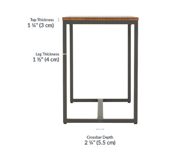 Tabletop thickness is 1 and a quarter inches. Leg thickness is 1 and a half inches.
