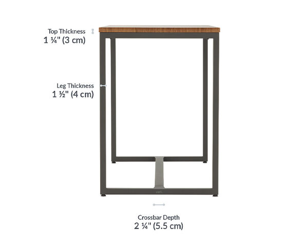  Tabletop thickness is 1 and a quarter inches. Leg thickness is 1 and a half inches.