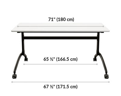 flip top training table 6 foot is 71 inches wide. Leg width is 65 and a half inches and 67 and a half inches.