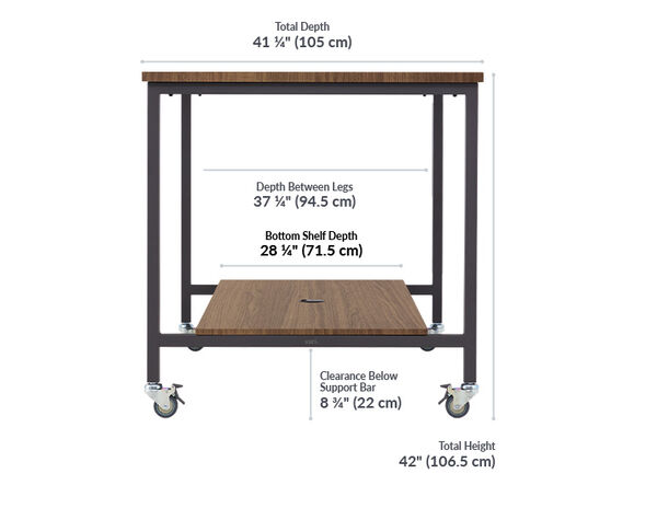 Standing conference table has a total depth of 41 1/4 inches , the depth between legs is 37 1/4, the bottom shelf depth is 28 1/4, the clearance below support bar is 8 and 3/4 inches, and the total height is 43 inches