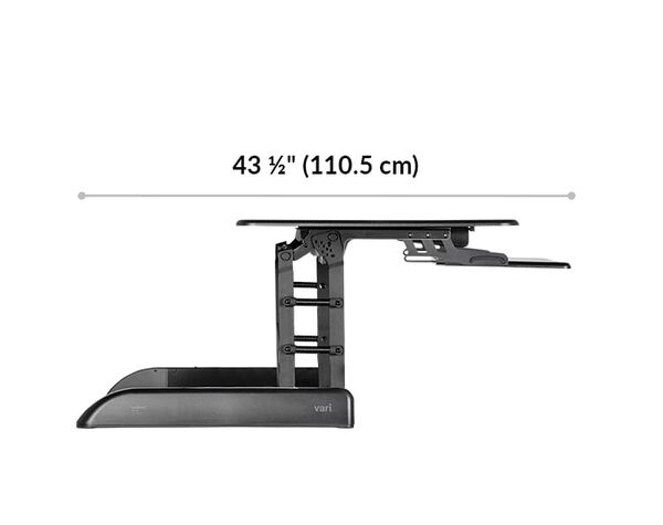 Varidesk tall 40 length in standing position 43 and a half inches or 110 and a half centimeters.