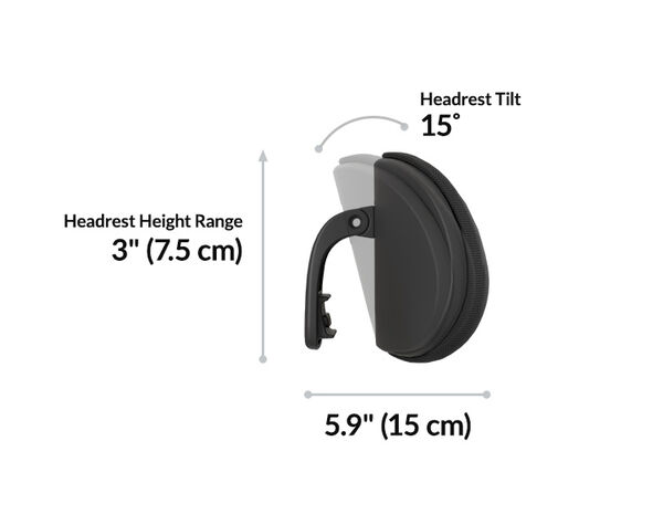 Headrest dimension diagram showing headrest height range three inches, headrest tilt fifteen degrees, and headrest width five and nine-tenths inches.
