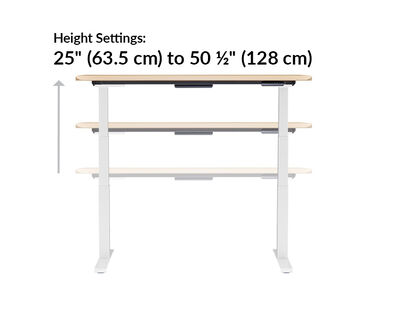 The base of the Electric Standing Desk with ComfortEdge™ 60x30 Light Wood goes from 25 inches to 50.5 inches tall