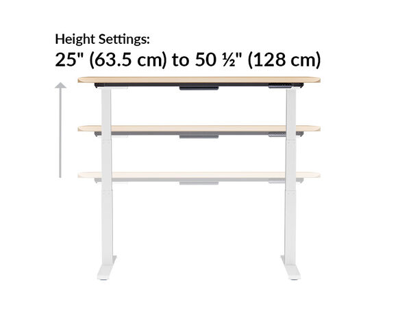 The base of the Electric Standing Desk with ComfortEdge™  60x30 Light Wood goes from 25 inches to 50.5 inches tall