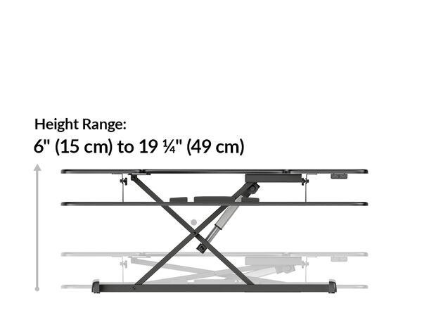 Desk converter diagram showing four height positions illustrating a height range of six to nineteen and one-quarter inches.