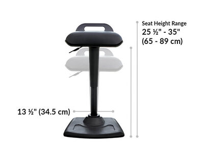 vari active seat height range is 25 and a half inches to 35 inches. The rear of the base is 13 and a half inches wide