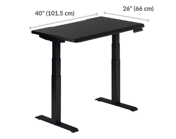 electric standing desk with a black top and black legs is forty inches long and twenty six inches deep
