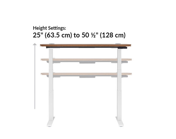 the ergo electric Standing Desk with 54x26 walnut goes from 25 inches to 50.5 inches tall