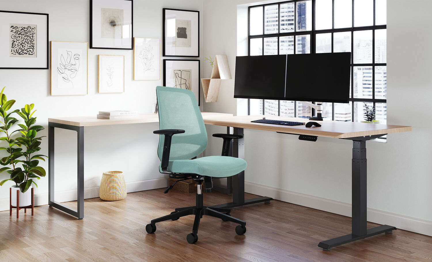 home office setting with seaside blue foundation chair