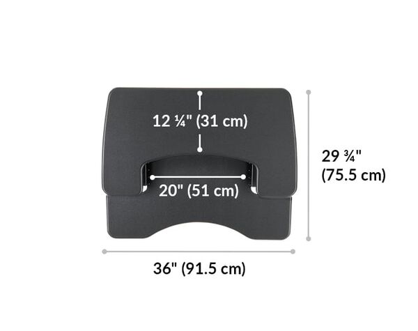Dimension image that shows the surface area of the desk is 36 inches wide and 29.75 inches deep