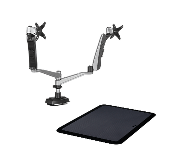 dual monitor arm and standing mat on white background