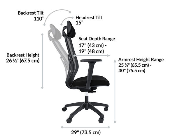 Backrest tilt one hundred ten degrees, headrest tilt fifteen degrees, seat depth seventeen to nineteen inches, backrest height twenty-six and one-half inches, armrest height twenty-five and three-quarters to thirty inches, base depth twenty-nine inches.