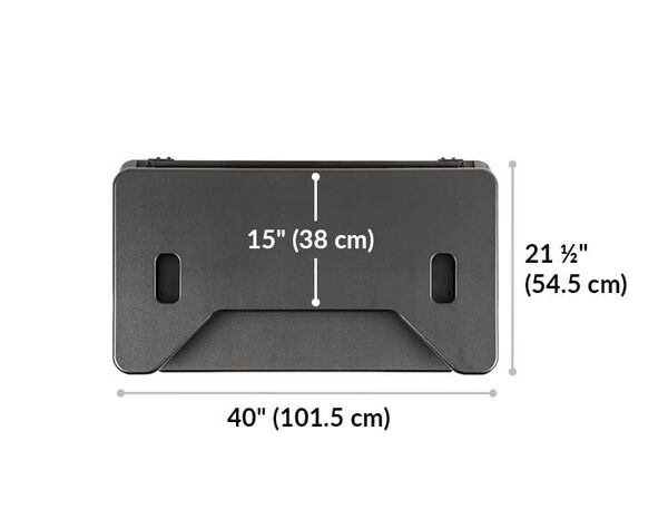 VariDesk Cube Plus 40 width 40 inches or 101 and a half centimeters. Length 21 and a half inches or 54 and a half centimeters. Upper display surface length 15 inches or 38 centimeters. 
