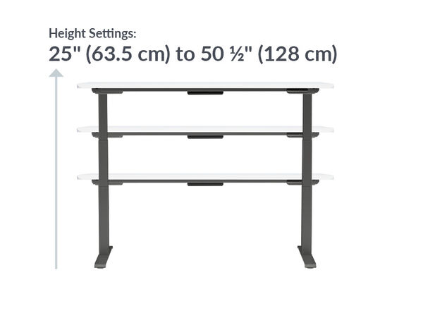 The height settings of the Electric Standing Desk 72x30 White Slate range from 25 inches to 50.5 inches tall