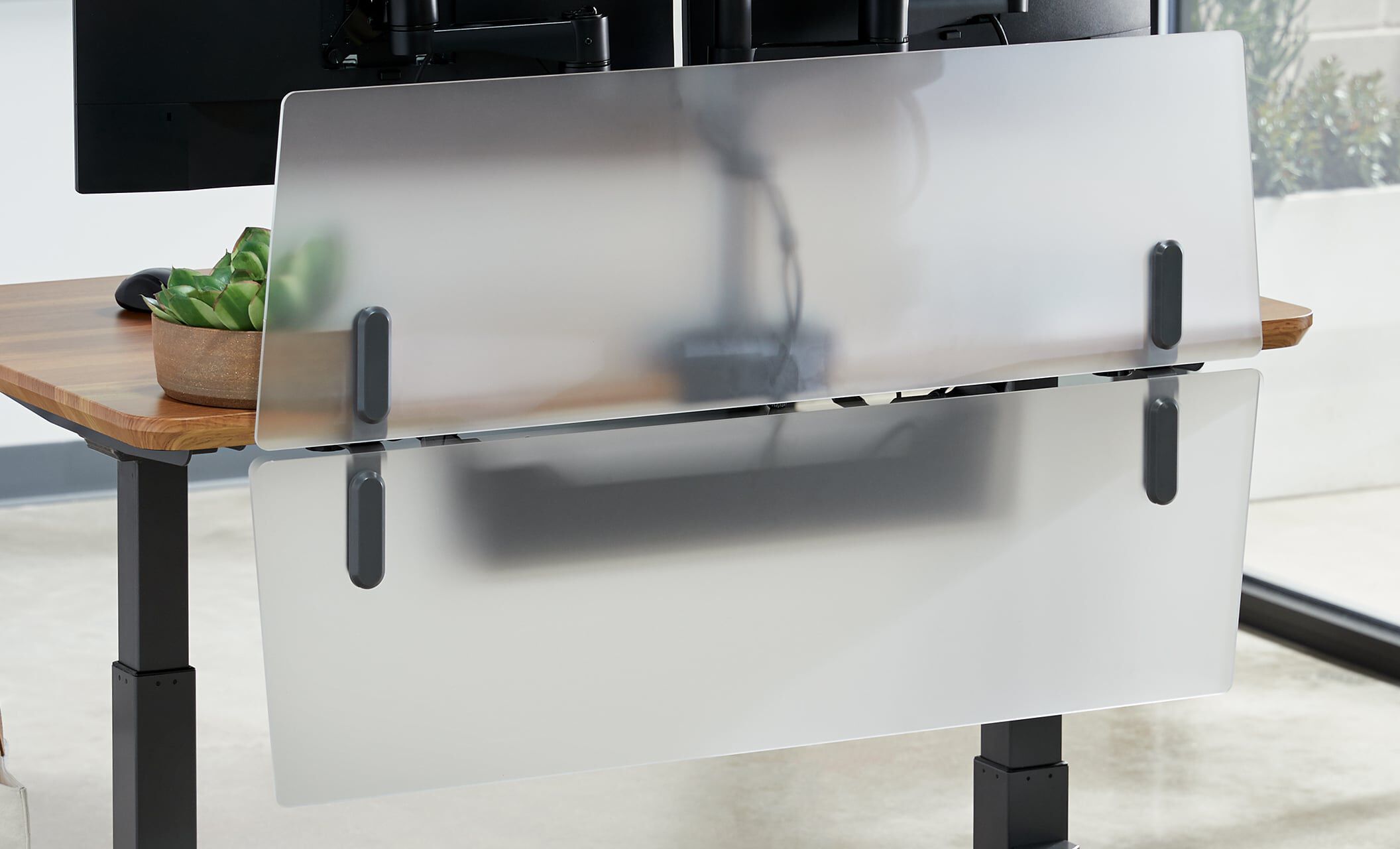 Standing desk with vari acrlyic modesty panels 48