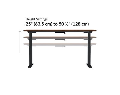 The height settings of the Electric Standing Desk 72x30 Darkwood ranges from 25.5 inches to 50.5 inches tall