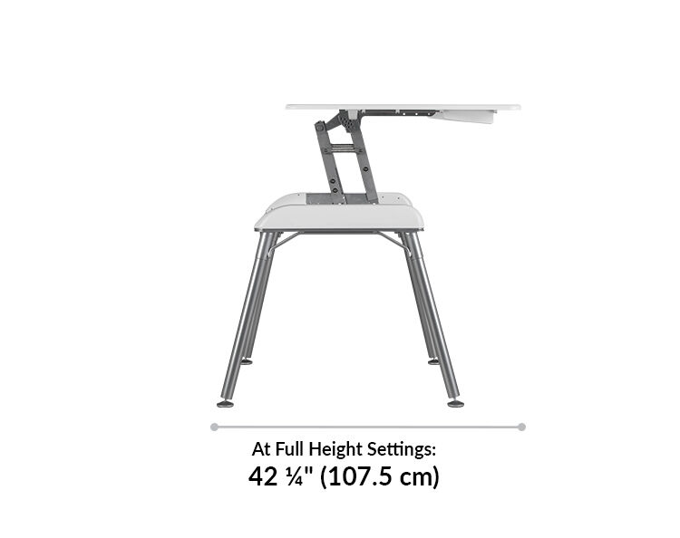 At full height setting, the top of the desk comes towards the user, and takes up a total of 42 and a quarter in depth from front of desk to back of base.