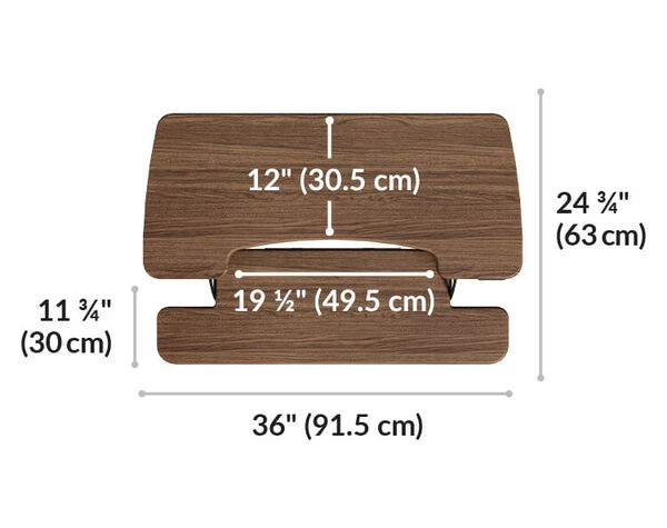 Dimension image that shows the surface area of the desk is thirty six inches wide and twenty four and three fourths inches deep