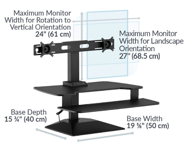 Dimension image shows that the maximum monitor width for rotation to vertical orientation is 24 inches and horizontal orientation is 27 inches the base depth is 15 and three quarter inches deep and the base width is 19 and five eights wide