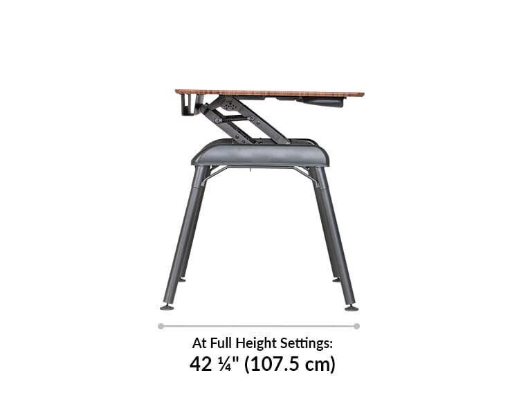 At full height setting, the top of the desk comes towards the user, and takes up a total of 42 and a quarter inches in depth from front of desk to back of base.