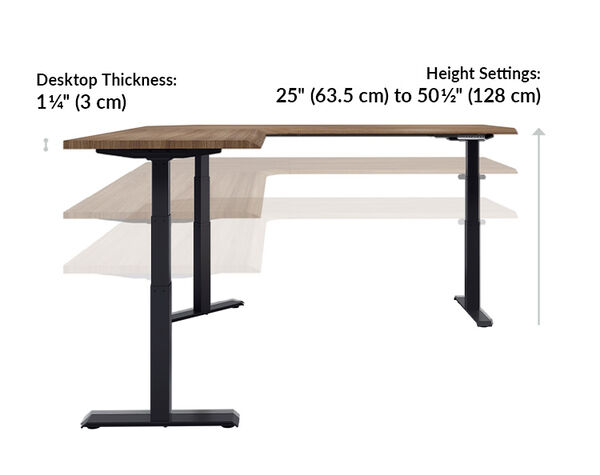 TThe L-Shape Electric Standing Desk walnut with black legs is 25 inches to 50 and a half inches tall