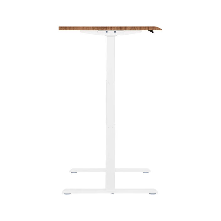 side view of an electric standing desk with a walnut finish top and white legs image number 2