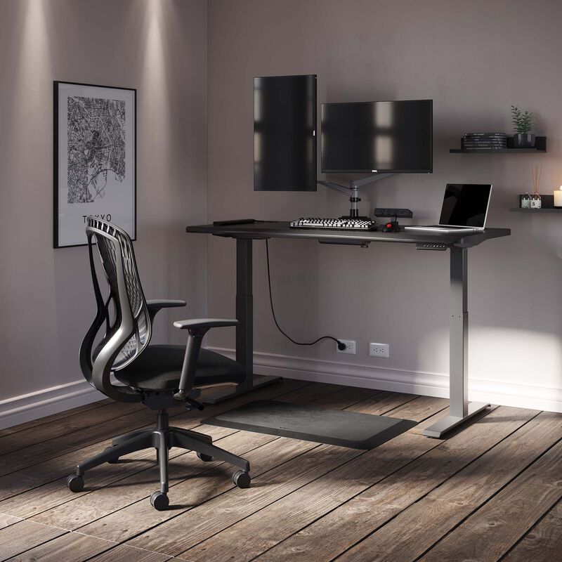 performance home office set made up of curve electric standing desk 60 by 30, performance task chair, dual monitor arm, standing mat 34 by 20, power hub, and power strip 8 foot image number null