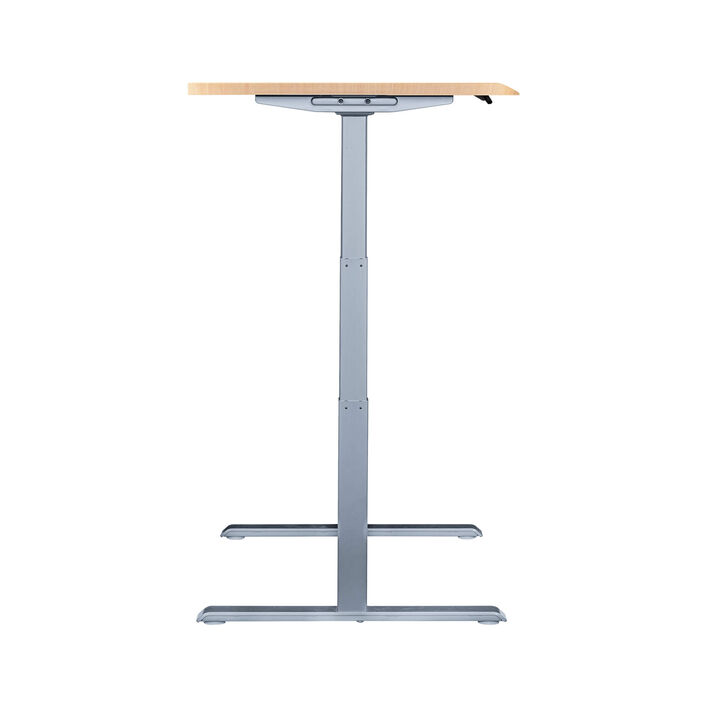 side view of an electric standing desk with a light wood finish top and silver legs image number 2
