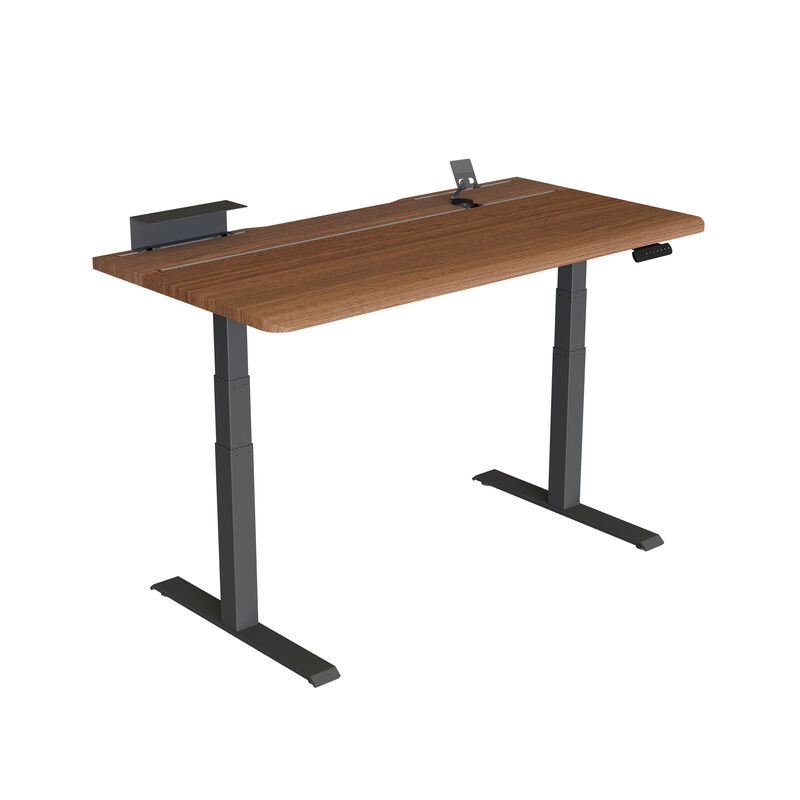 Electric Standing Desk 60x30 with tech track in walnut with slate legs in a white background image number null