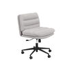 Three-quarter view of the light gray boucle armless office chair on a white background, showing the channel-tufted seat and back, chrome height-adjustment lever, and black casters.