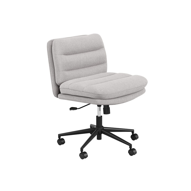 Three-quarter view of the light gray boucle armless office chair on a white background, showing the channel-tufted seat and back, chrome height-adjustment lever, and black casters. image number null