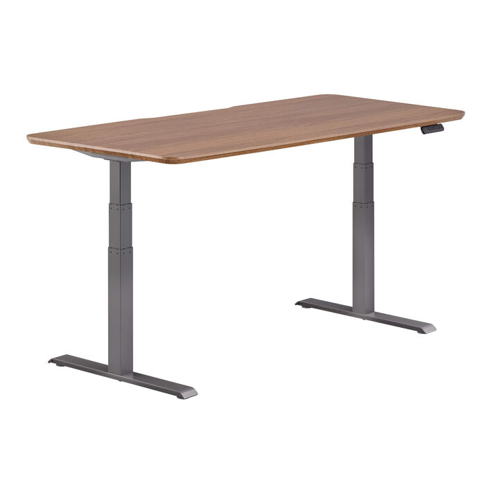 isolated image of a electric standing desk with a walnut finish top and slate legs image number 1