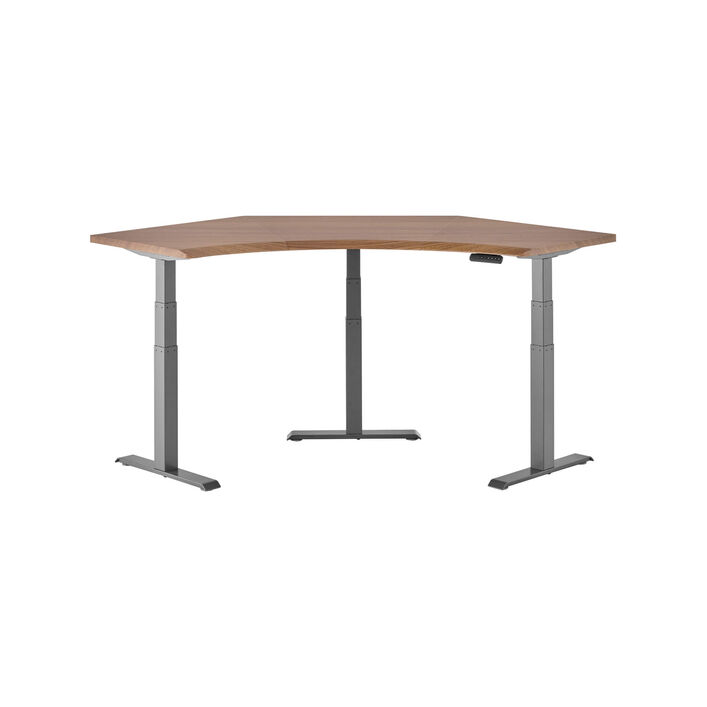 isolated image of a electric standing desk with a walnut finish top and slate finish legs image number 1
