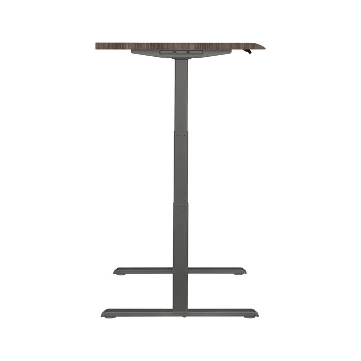 side view of an electric standing desk with a espresso wood finish top and slate legs image number 2