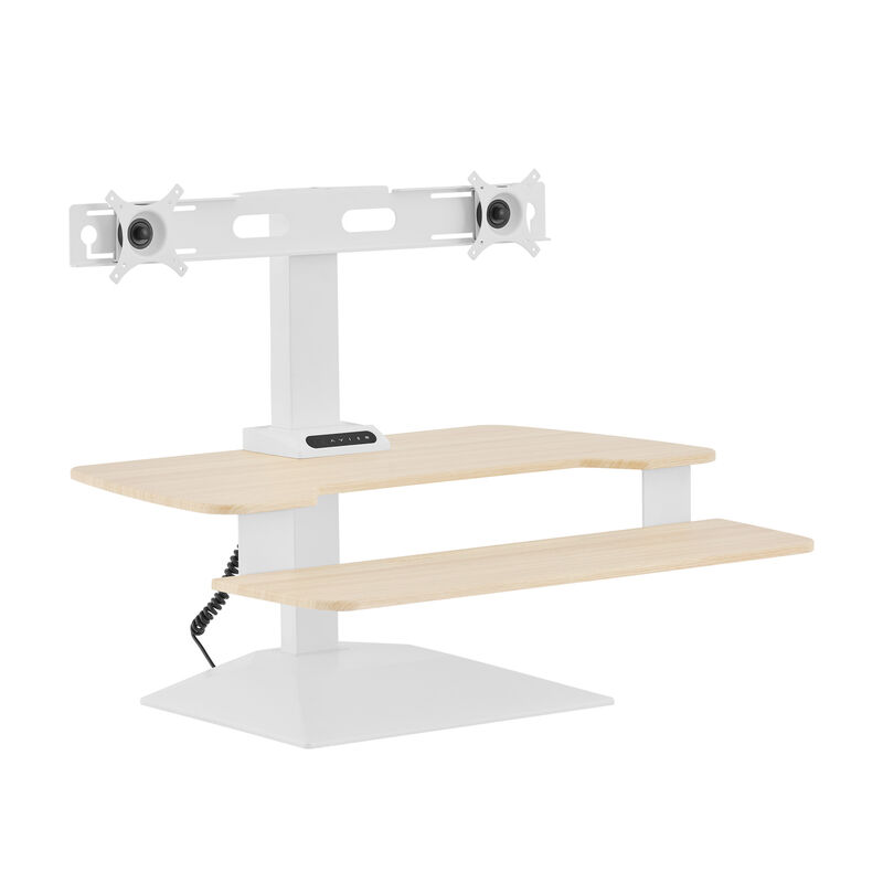 varidesk electric dual monitor converter in light wood in a raised position image number null